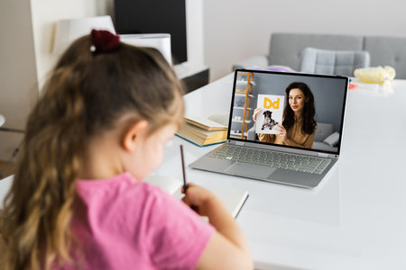 Child Video Videoconference Call On Laptop With Teacher