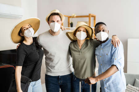 Group Of Friends People Travel In Face Mask. Young Millennial Vacationの写真素材