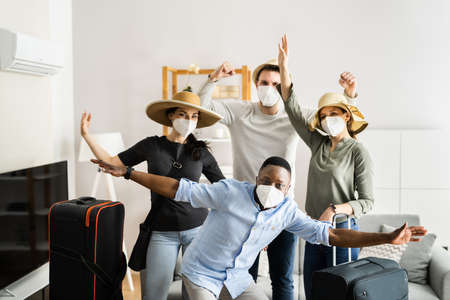Group Of Friends People Travel In Face Mask. Young Millennial Vacation