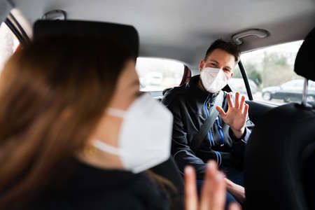 Carpool Ride Share Service In Medical Face Maskの写真素材