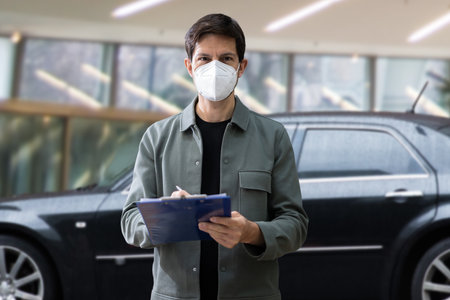 Car Sale In Mask. Salesman In Dealership