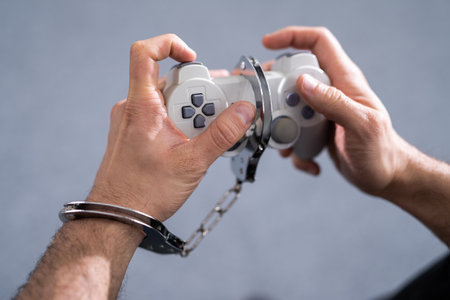 Video Game Addiction. Handcuffs and Gamepad Or Joystick