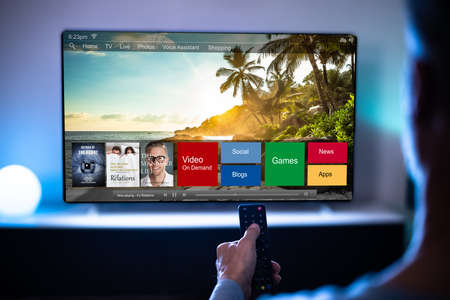 Watching Television In Living Room On Sofa