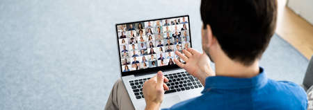 Man during Virtual Video Conference Online Call Panoramic Banner