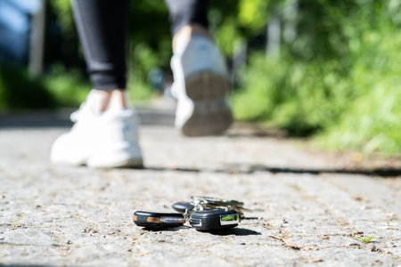 Woman Walking Away From Lost House And Car Keysの写真素材