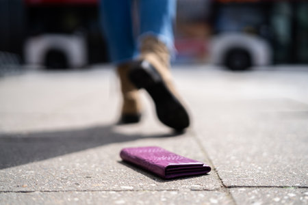 Woman Lost Personal Wallet With Money. Walking On Streetの写真素材