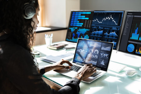 African Advisor Using KPI Dashboard With Financial Analytics Graphsの写真素材