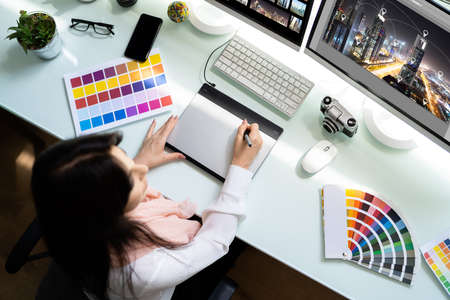 Professional Graphic Designer Woman Working On Computerの写真素材