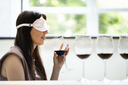 Blindfold Woman Blind Drink Taste. Somelier Sampling Wine