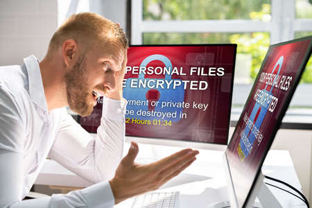 Ransomware Malware Attack. Hacked Business Computer. Cyber Security Breachの写真素材