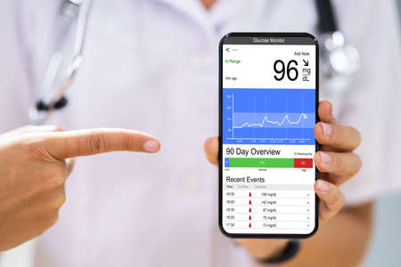Doctor Hand Holding Mobile Phone With Continuous Glucose Monitor App