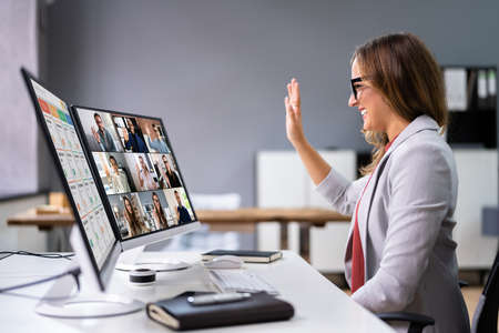 Online Video Conference Work Webinar On Desktopの写真素材