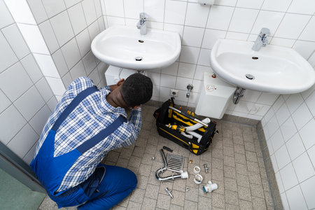 Plumber Fixing Pipe In Bathroom. Plumbing Maintenance In Bathroomの写真素材