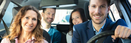 Carpool Ride Share. Group Of Friends In Taxi