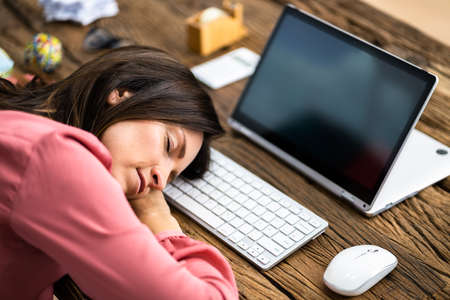Unhappy Businesswoman Sleeping In Office. Boring Job