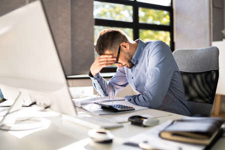 Stressed Tired Business Accountant Man. Lazy Sad Worker