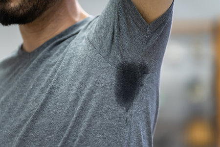 Man With Hyperhidrosis Sweating Very Badly Under Armpitの写真素材