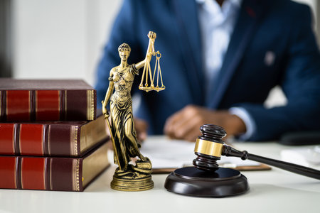 Midsection Of Judge Reading Documents At Desk In Courtroomの写真素材