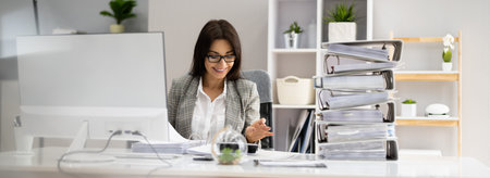 Young Businesswoman Working At Office With Stack Of Folders On Desk
