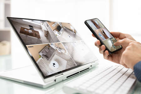 Security System CCTV Camera And Alarm Surveillance On Screenの写真素材