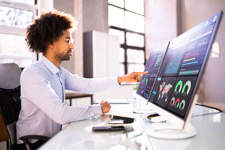 Financial Business Analytics Data Dashboard. Analyst Man