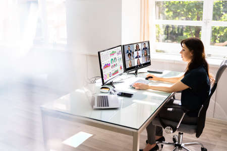 Woman In Virtual Telework Webinar Or Learning Presentation