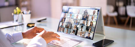 Business Videoconference Webinar On Hybrid Laptop. Remote Callの写真素材