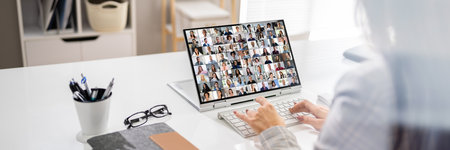 Virtual Hybrid Meeting In Office. Business Woman Video Conference