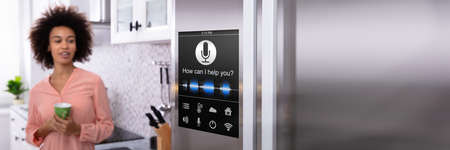 Smart Fridge In Kitchen. Voice Recognition Refrigerator Controlの写真素材