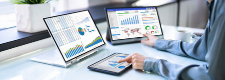 African Businesswoman Using Analytics Data KPI Dashboard Tech