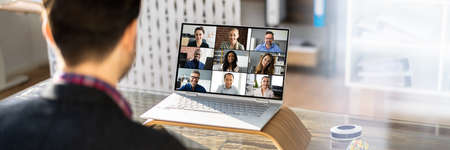 Online Video Conference Webinar. Man Working From Home
