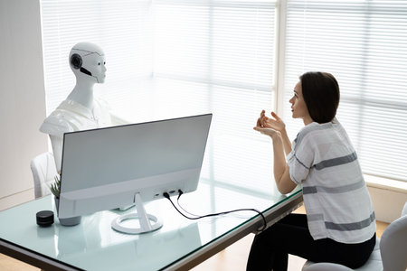 Female Patient Treatment By Robot Doctor In Hospitalの写真素材