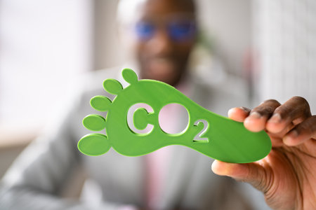 Carbon Dioxide Footprint Sign. Co2 Reduction. Green Environmentの写真素材