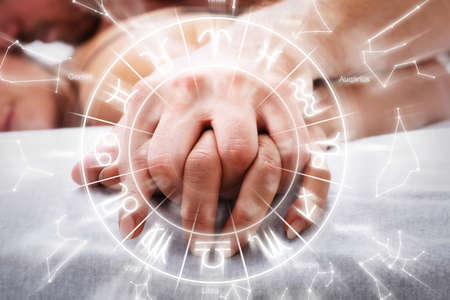 Couple Sex Foreplay In Bed. Astrology And Zodiac Horoscope Chartの写真素材