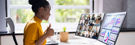 Virtual Telework Webinar And Learning Presentation. African Person Telecommute
