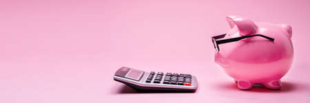 Piggybank Wearing Glasses And Calculator On Pink Backgroundの写真素材