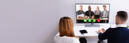 Rear View Of Businesspeople Video Conferencing With Their Partner On Computer At Workplace
