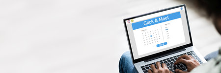 Man Booking Click And Meet Appointment On Laptop Online