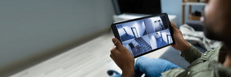 Person Monitoring Cameras Live View Of Home On The Digital Tablet