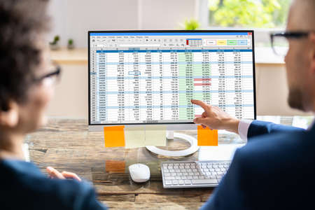 Analyst Employee Working On Spreadsheet Using Desktop Computerの写真素材
