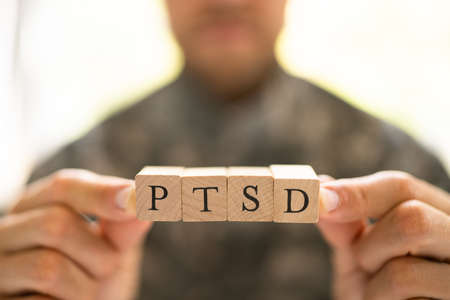 Army Military Soldier With PTSD Trauma Textの写真素材