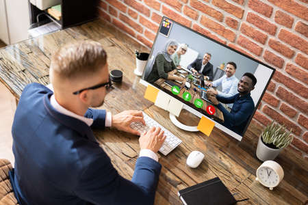Man Video Conference Business Call On Computer Screen