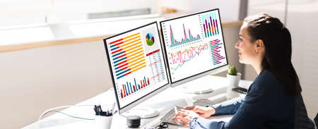 Financial Business Analytics Data Dashboard. Analyst Woman