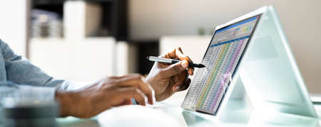 Electronic Spreadsheet Analyst Or Auditor Using Software On Hybrid Laptop