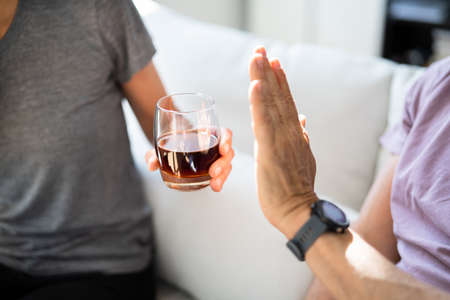 Stop Drinking Alcohol. Refuse Glass Of Whisky. Say Noの写真素材