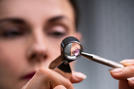 Close-up Of A Female Jeweler's Hand Looking At Diamond Through Magnifying Loupe