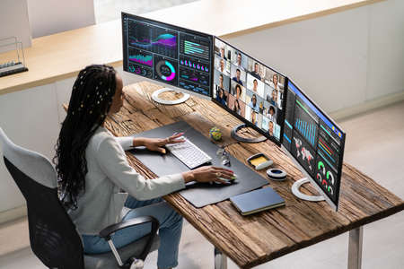 Virtual Telework Webinar And Learning Presentation. African Person Telecommute