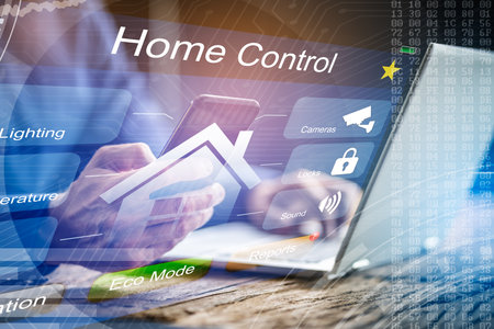 Person Hand Holding Mobile Phone With Home Security Systemの写真素材