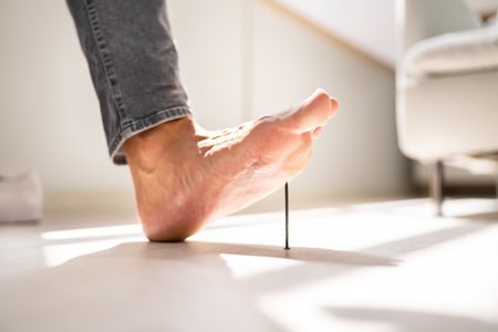 Foot Pin Accident. Tetanus Feet Ache. Leg Injuryの写真素材
