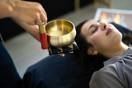 Tibetan Meditation And Relaxation Therapy. Traditional Healing Bowl Careの写真素材